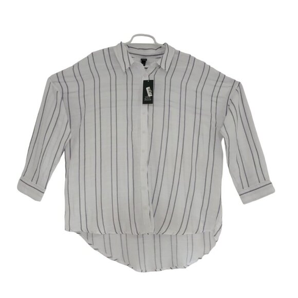 The White Collection Women's Striped Button-Down Shirt Long Sleeves Curved Hem S - Picture 1 of 8